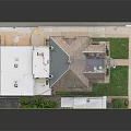 Cartoon Style Building Scene with Red Brick Walls White Roof Green Lawn and Chimney Pathway
