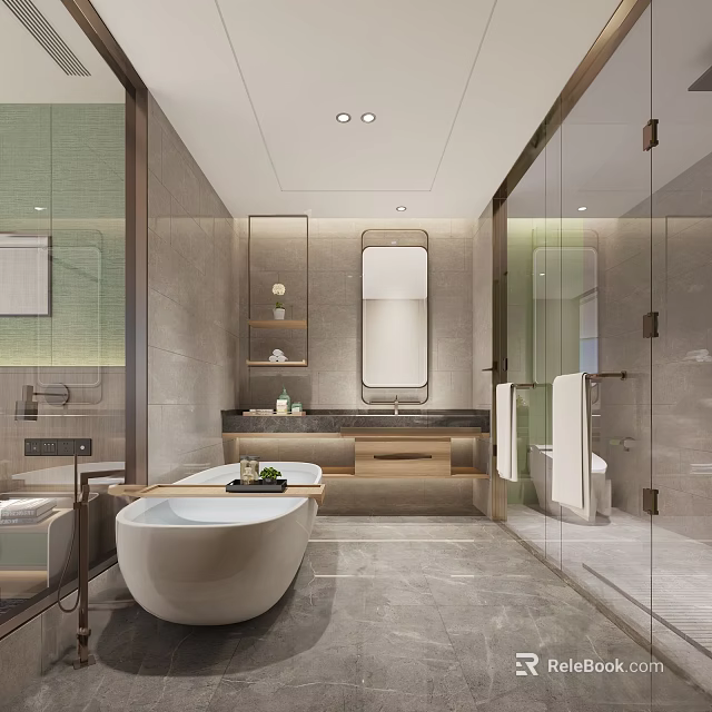 Hotel Bathroom Interior With Modern Design White Bathtub Marble Countertop Mirror And Glass Shower 3d model 