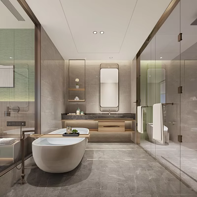 Hotel Bathroom Interior With Modern Design White Bathtub Marble Countertop Mirror And Glass Shower 3d model