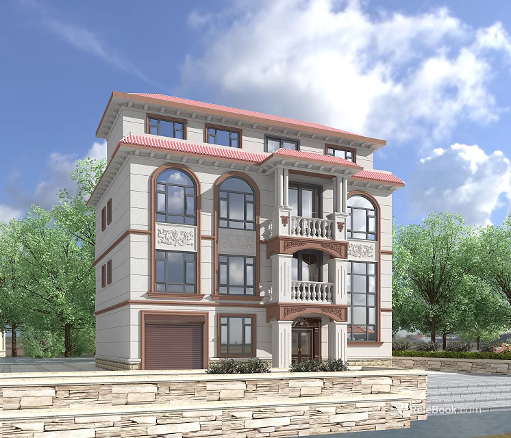 Modern Detached Villa Featuring Red Roof Beige Exterior Arched Windows Balcony Porch And Green Trees 3d model 