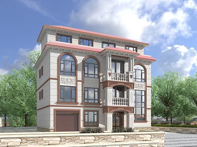 Modern Detached Villa Featuring Red Roof Beige Exterior Arched Windows Balcony Porch And Green Trees 3d model