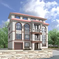 Modern Detached Villa Featuring Red Roof Beige Exterior Arched Windows Balcony Porch And Green Trees