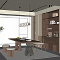 Modern Study Room Interior With Wooden Desk Built-in Bookshelves And Pendant Light
