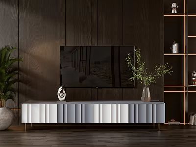Modern White Gray TV Stand With Flat Screen TV Green Plants And Dark Wooden Wall 3d model