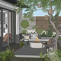 Elegant Courtyard Garden With Wooden Fence Sofa Fire Pit Lush Plants Hanging Lights And Lanterns