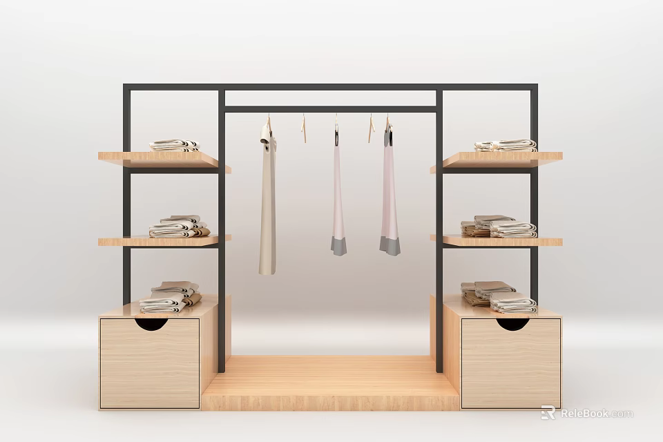 Modern Display Shelf With Black Frame Wooden Shelves Clothing Rod And Drawer Cabinets 3d model 
