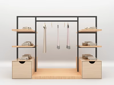 Modern Display Shelf With Black Frame Wooden Shelves Clothing Rod And Drawer Cabinets 3d model