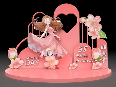 Women's Day Pink Themed Photo Spot With Girl Figure Heart Decoration And Flowers 3d model