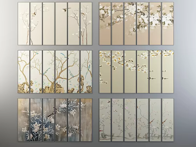 Multiple Panel Plant Paintings With Tree Branches Blossoms Birds And Soft Tones 3d model