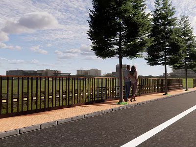Road Facilities With Paved Sidewalk Green Trees And Pedestrians In Urban Area 3d model