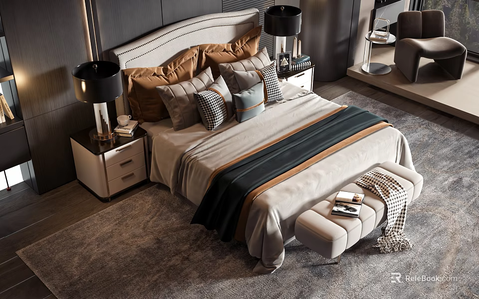 Luxurious Double Bed In Modern Bedroom With Tufted Headboard Pillows Striped Bedspread Nightstands And Footstool 3d model 
