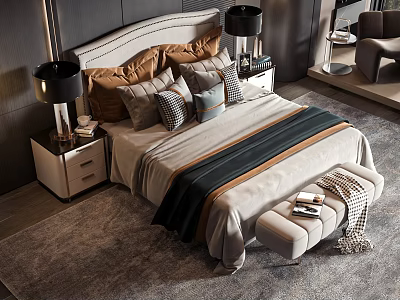 Luxurious Double Bed In Modern Bedroom With Tufted Headboard Pillows Striped Bedspread Nightstands And Footstool 3d model