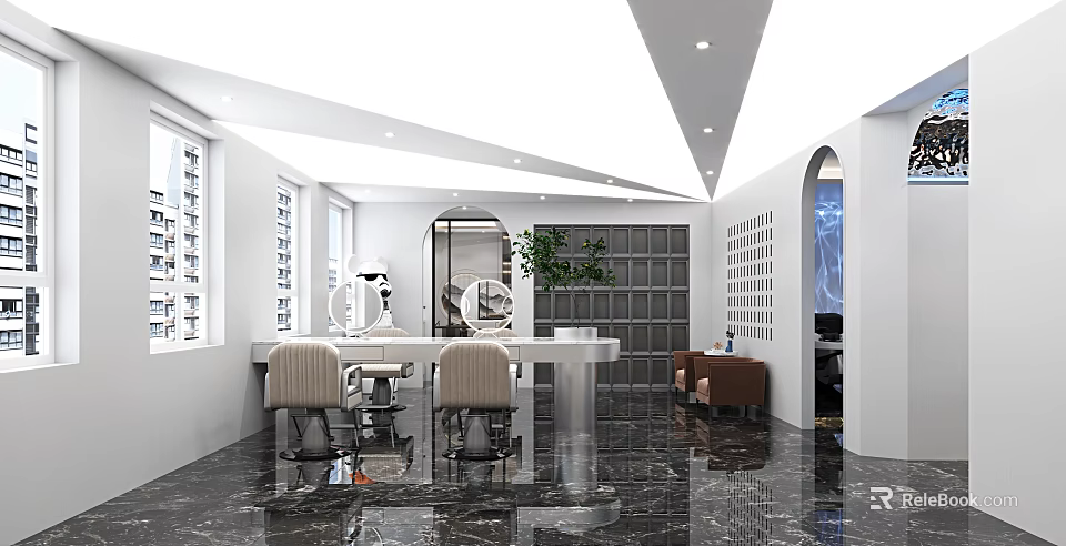 Modern Lounge Area Interior Design With Arched Doorway Gray Decorative Wall Marble Floor And Green Plant 3d model 