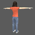Woman In Orange Polo Shirt Blue Jeans Standing With Arms Outstretched On Gray Background
