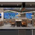 Modern Hotpot Restaurant Interior With Wooden Partition Seating Hanging Lamps Large Windows And Tree Views