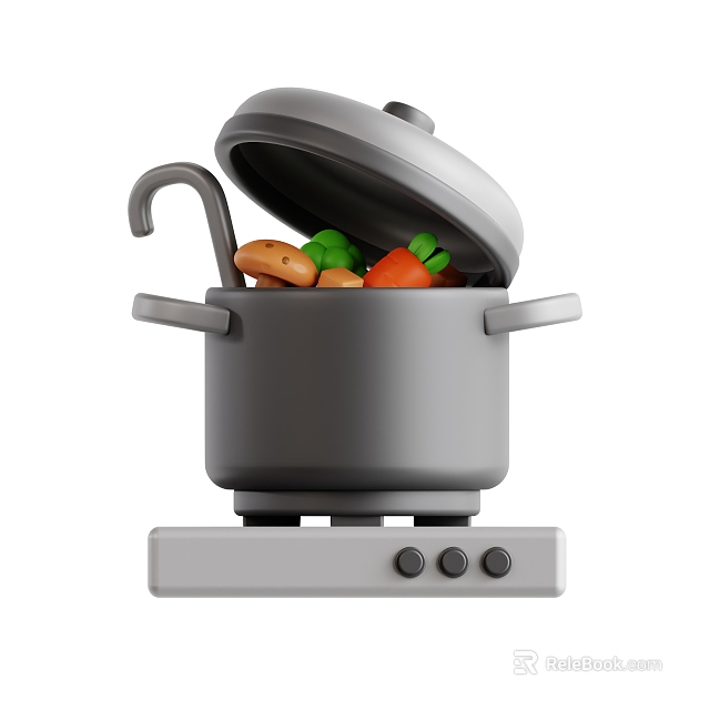 Stainless Steel Cooking Pot With Open Lid Holding Fresh Vegetables On Electric Stove Top 3d model 