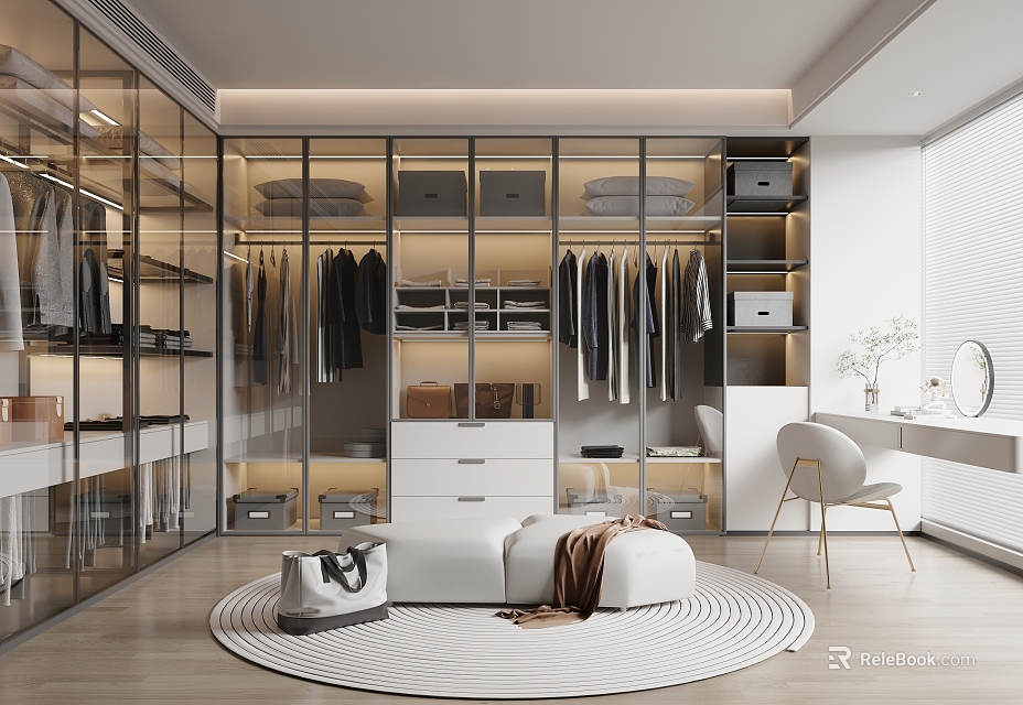 Modern Walk In Closet With Glass Doors White Cabinets Drawers Dressing Table And Round Rug 3d model 