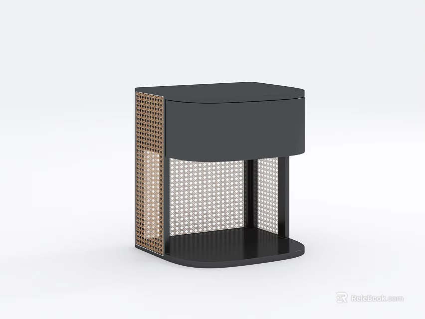 Modern Black Bedside Table With Woven Rattan Side Panel And Open Storage Shelf 3d model