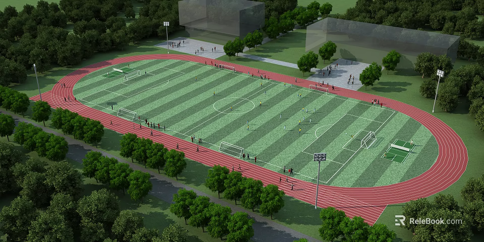 Green Football Field With Red Track Surrounded By Trees And Light Poles 3d model 