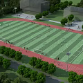 Green Football Field With Red Track Surrounded By Trees And Light Poles