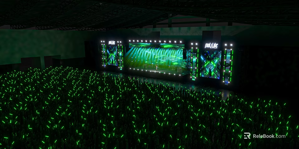Vibrant Stage With PULSE LED Screens Green Lights And Audience Glow Sticks 3d model 