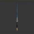 Ornate Fantasy Sword With Blue Blade Golden Accents And Black Hilt