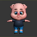 Cute 3D Pink Cartoon Pig Character With Blue Eyes Black Shirt Blue Shorts Standing Pose