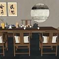 Chinese Style Tea Room Interior With Calligraphy Paintings Round Decorative Painting Wooden Table And Chairs