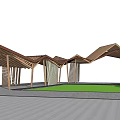 Wooden Pergola Structure With Sloped Roof Vertical Slat Columns And Grass Area