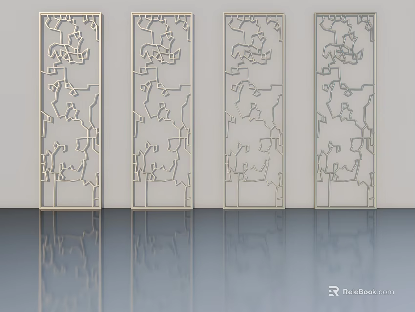 Four Hinged Doors Featuring Intricate Carved Patterns On Light Background With Reflections 3d model 
