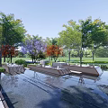 Scenic Park Landscape With Lush Colorful Trees Reflective Water Pond Wooden Walkway And Relaxing Seating