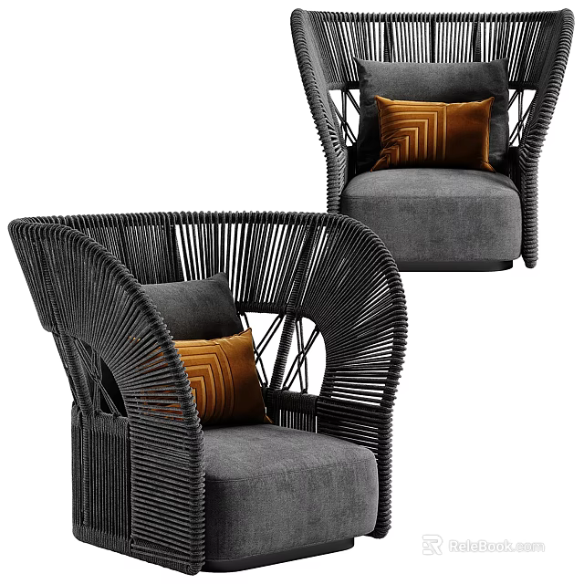 Modern Single Sofa With Wicker Frame Gray Cushion And Orange Decorative Pillow 3d model