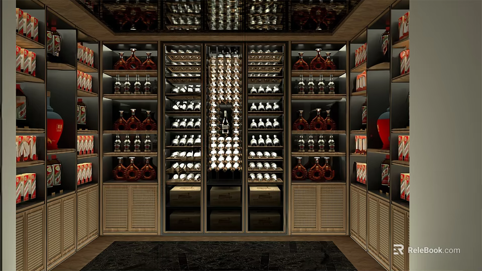 Luxury Wine Cellar Interior Design With Shelves Bottles And Lighting 3d model 