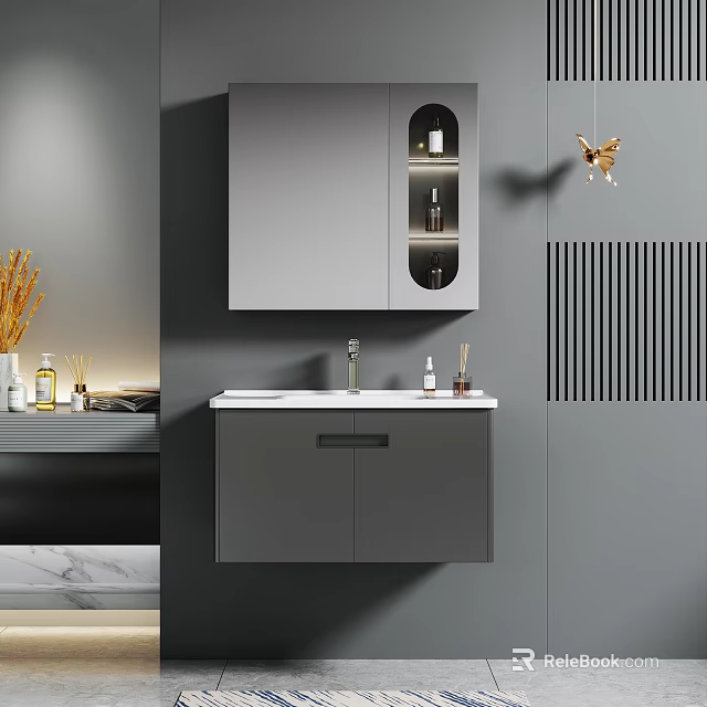 Modern Wall Mounted Gray Bathroom Vanity Cabinet With Sink And Mirror 3d model 