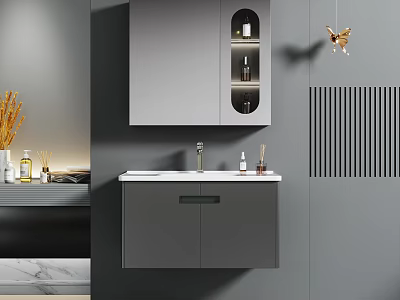 Modern Wall Mounted Gray Bathroom Vanity Cabinet With Sink And Mirror 3d model