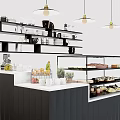 Modern Display Shelves With Dishes Pastries Fruits And Plants On Dark Counter