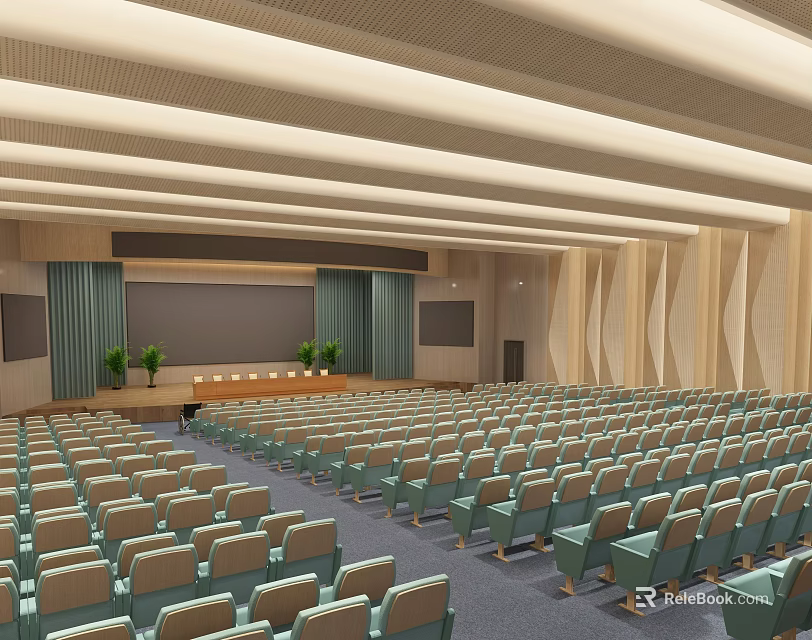 Large Conference Room With Organized Seats Podium Green Plants Projection Screen And Ceiling Lighting 3d model 