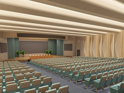 Large Conference Room With Organized Seats Podium Green Plants Projection Screen And Ceiling Lighting 3d model