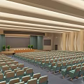 Large Conference Room With Organized Seats Podium Green Plants Projection Screen And Ceiling Lighting