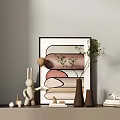 Ornamental Decoration Set on Light Cabinet with Rabbit Figurine Geometric Painting Vases Plants and Books