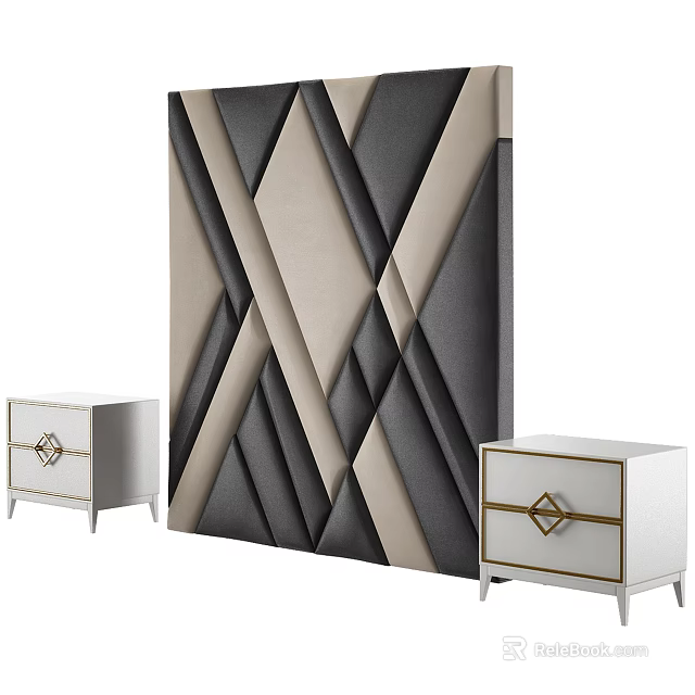 Modern Geometric Textured Background Wall With Black Beige Gray Tones And White Nightstands Gold Accents 3d model 