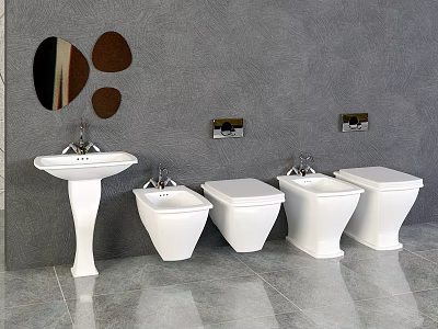 White Toilets In Modern Bathroom With Pedestal Sink Decorative Mirrors And Gray Tiled Floor 3d model