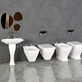White Toilets In Modern Bathroom With Pedestal Sink Decorative Mirrors And Gray Tiled Floor