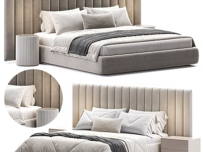 Modern Double Bed With Striped Upholstered Headboard Pillows Comforter And Side Nightstand 3d model