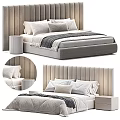 Modern Double Bed With Striped Upholstered Headboard Pillows Comforter And Side Nightstand 3d model