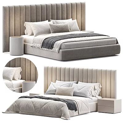 Modern Double Bed With Striped Upholstered Headboard Pillows Comforter And Side Nightstand 3d model
