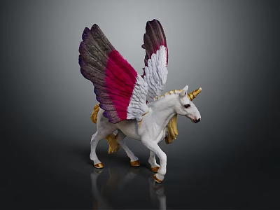Winged Unicorn Statue With Pink And White Wings Golden Horn And Hooves 3d model