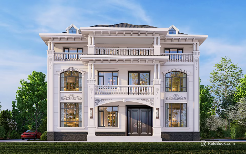 Classical White Detached Villa With Front Balcony Ornate Windows And Green Trees 3d model 