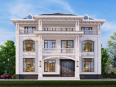 Classical White Detached Villa With Front Balcony Ornate Windows And Green Trees 3d model