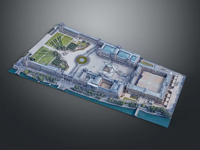 Architectural Model of Symmetrical Courtyard With Lawn Central Circular Area Buildings And Water Body 3d model